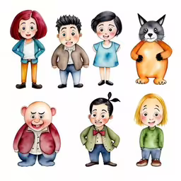a bunch of cute and creepy little children cartoon characters,a bunch of people in costumes drawn to look like cartoon character,a drawing of some people dressed up in cartoon form,an image of different kids in costumes,a set of different kids wearing cat costumes
