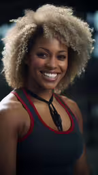 a young black woman smiling and wearing a dark tank top,a woman with blonde hair and wearing a tank top