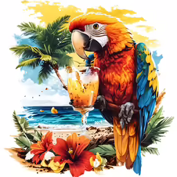 a colorful parrot with an orange drink and flowers