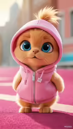 an animated doll with big blue eyes and a furry pink outfit