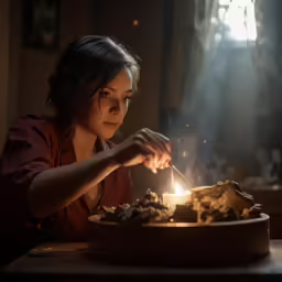 a woman lighting a candle with her fingers