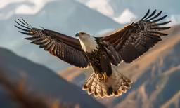 an eagle flies with its wings spread high in the sky