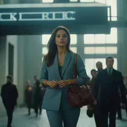 the woman is walking through a building carrying a brown bag