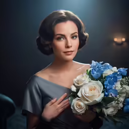 an art print depicting the face of a woman in grey dress holding flowers