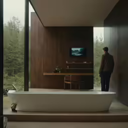 a large bathtub sits near the window and a person watches
