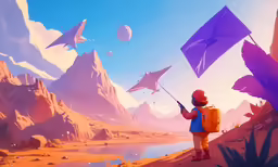 a boy holding onto his kite on top of a hill