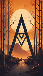 a painting of an triangle and its reflection in the water,an orange background with a sun and three triangles in front of trees