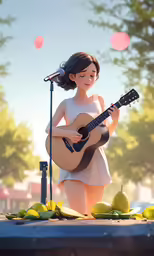 the statue features a girl in a pink dress holding a guitar