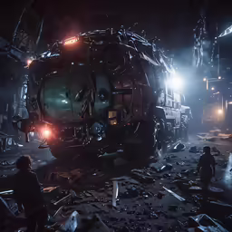 people stand in a dark city while other items have been thrown around