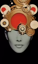 the image shows the head of a woman with many parts on it