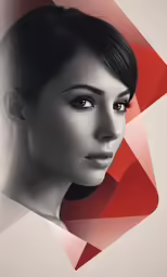 a woman with dark hair and eye makeup looking directly into the distance