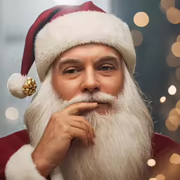 man in santa suit posing for camera with a bright boke of lights