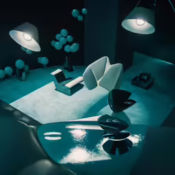 a room with a lit up area and several chairs and couches