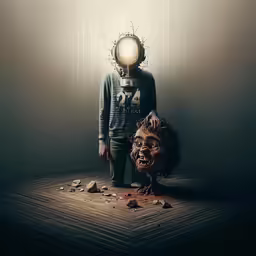 an artificial human being with a head in the middle of a floor