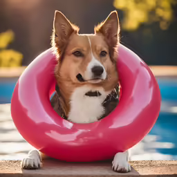 a dog sitting behind an inflatable object