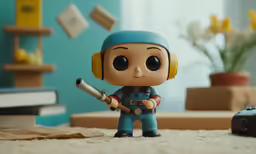 a little toy figure holding a baseball bat on top of a carpet