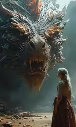 a woman and a dragon stand in front of a rocky ocean