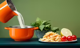 a yellow pot being filled with water while some other vegetables are next to it