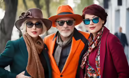 three people standing side by side wearing hats