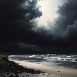 a sandy shore next to the ocean under a cloudy sky