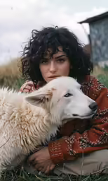 a woman with curly hair is holding a white sheep