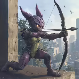 an animated character on top of a building holding a bow
