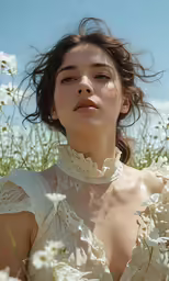 a woman with a flowered dress sitting in the grass