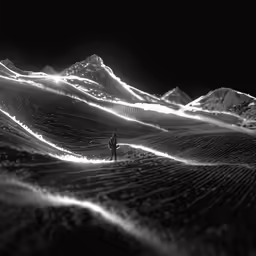 an artistic black and white photo of snow and mountain slopes