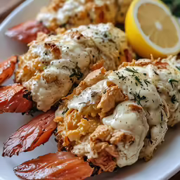a plate filled with lobster and crab legs covered in gravy