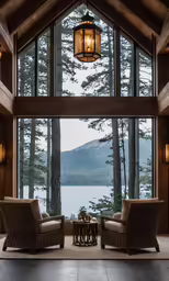a living room with two brown chairs and a large window