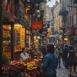a busy city street with several people walking around