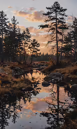 an evening scene of trees, land and river in the woods