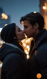 a couple kissing in front of lights