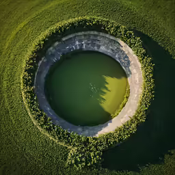 a large stone structure that is on some grass