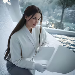 a woman sitting on the ground holding a white item