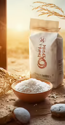 rice sitting next to a brown bowl and grain stalks
