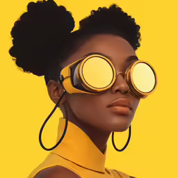 a woman wearing yellow is holding up a pair of glasses