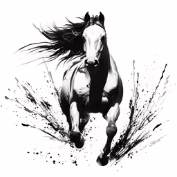 a white horse with black spots on its body and head, galloping in the sky