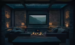 a living room has several lit candles in the fireplace
