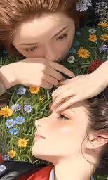 a couple of people touching heads next to some flowers