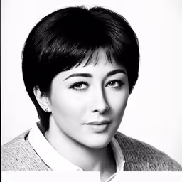 an asian woman with short black hair wearing a white shirt and necklace