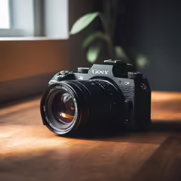 the close up photo shows an old camera and a lens