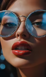 woman wearing glasses with sparkling glasses and red lipstick