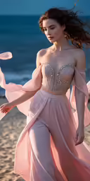 a young woman in pink posing at the beach
