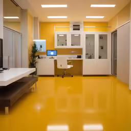 a room with a yellow floor, desk, and television in it