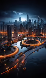 view of freeway and city in middle of night