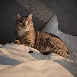 a gray and black cat is sitting on some white sheets