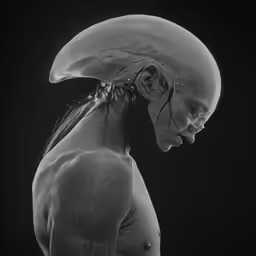 the head and shoulders of an alien like creature in black and white
