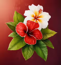 a painting of two large white and red flowers on a red background,two flowers are on the vine, and one is red