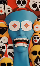 some toys and a head in the shape of a blue robot